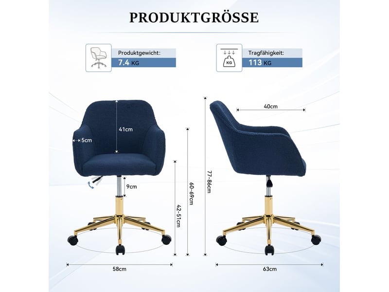  Fauteuil de bureau réglable et pivotant 58x58x86 cm en tissu bouclette bleu foncé  - Conforama C