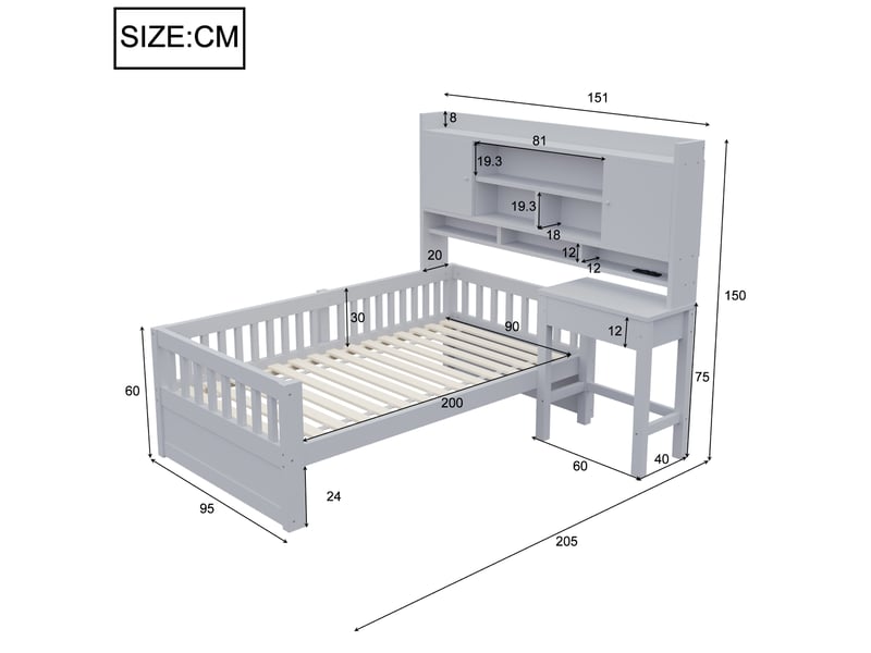 Lit simple enfant 90 x 200 cm avec bureau à tiroirs, rangements en hauteur, éclairage led, prise et garde-corps, bois massif, gris Morn Vibe - Conforama C
