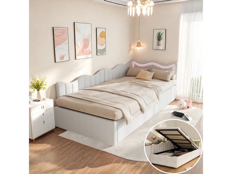 Lit enfant 90x200 cm avec rangement, lit coffre avec sommier, led, canapé lit, lit simple, cadre de lit hydraulique, velours, beige - Conforama B