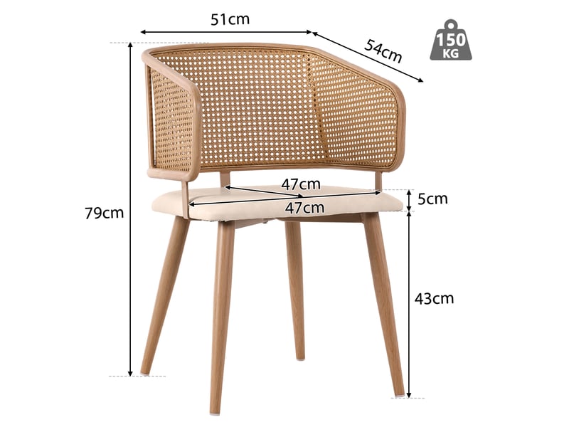  6 chaises de salle à manger avec dossier en rotin, assise en pu cuir, design ergonomique et pieds métal effet bois 4071298082494 - Conforama C