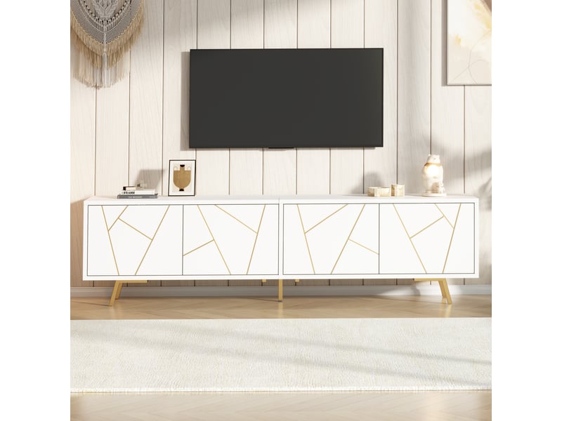  Meuble tv 190 cm pour téléviseur 85 pouces, meuble tv blanc et or avec 4 portes et étagères  - Conforama D