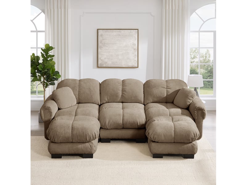 Canapé modulable 3 places modenvie en u avec ottomane mobile, 2 coussins décoratifs, tissu chenille marron, 260 x 149 x 90 cm - Conforama B