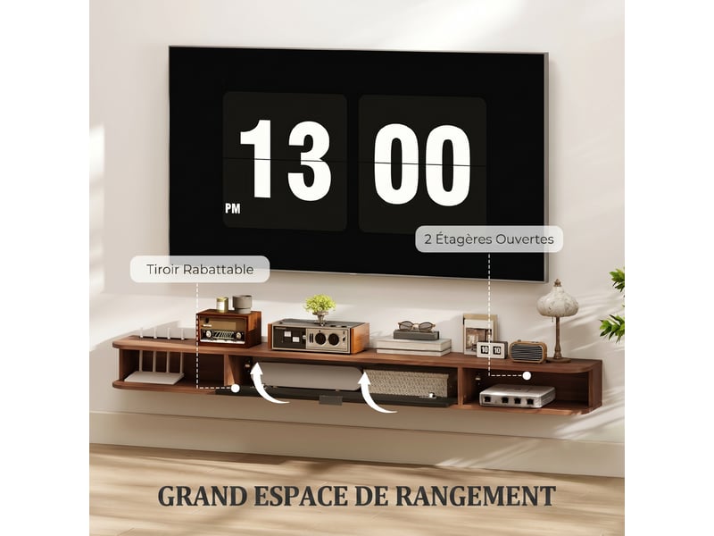  Meuble tv suspendu, meuble télé pour téléviseur jusqu'à 75 pouces, tiroir rabattable, 2 étagères, 180x24x16cm, noyer  - Conforama E