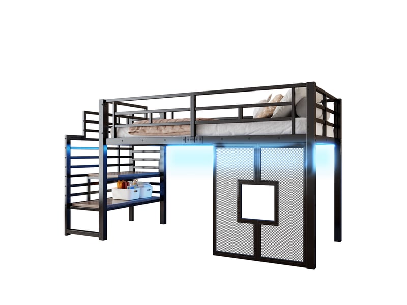  Lit mezzanine enfant 90x200 cm, pour chambre, avec escalier de rangement, led et fenêtres, métal et mdf, couleur noir  - Conforama A