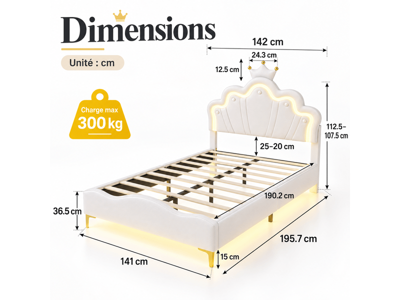 Lit fille 140x190cm avec sommier led réglables - lit simpledouble enfant avec tête de lit réglable en hauteur - sommier à lattes - lit 140x190 cm - lumineuse led - lit fille avec tête de lit réglable - lit princesse en forme cou… - Conforama R
