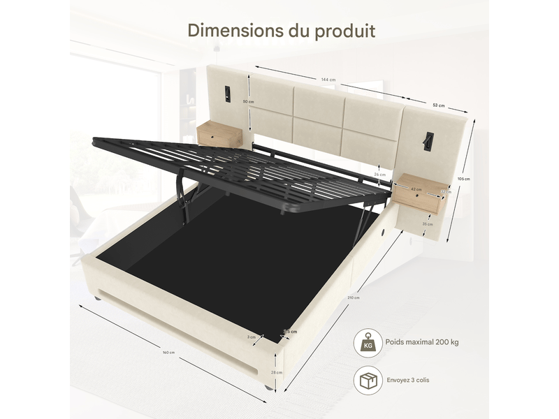 Lit coffre 160 × 200 cm en velours beige avec tiroirs, usb-c et led Fay Lum - Conforama C
