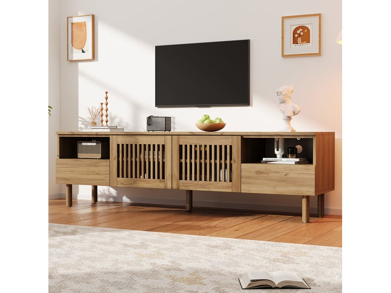  Meuble tv 180x40x51 cm avec 2 portes à grille et 2 tiroirs de rangement en mdf, coloris bois naturel, design simple  - Conforama E