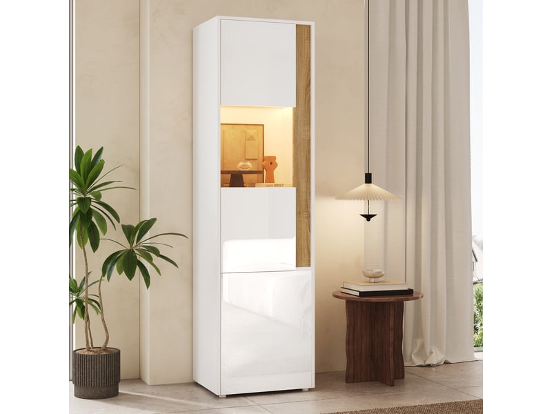  Vitrine de rangement, avec 2 portes, avec éclairage led, coloris blanc et naturel, pour salon, solution de rangement fonctionnelle  - Conforama A
