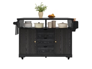 Desserte cuisine, îlot central sur roulettes avec plan de travail, plateau extensible, 3 tiroirs, dimensions 142,5 x 80 x 95 cm, mdf, noir