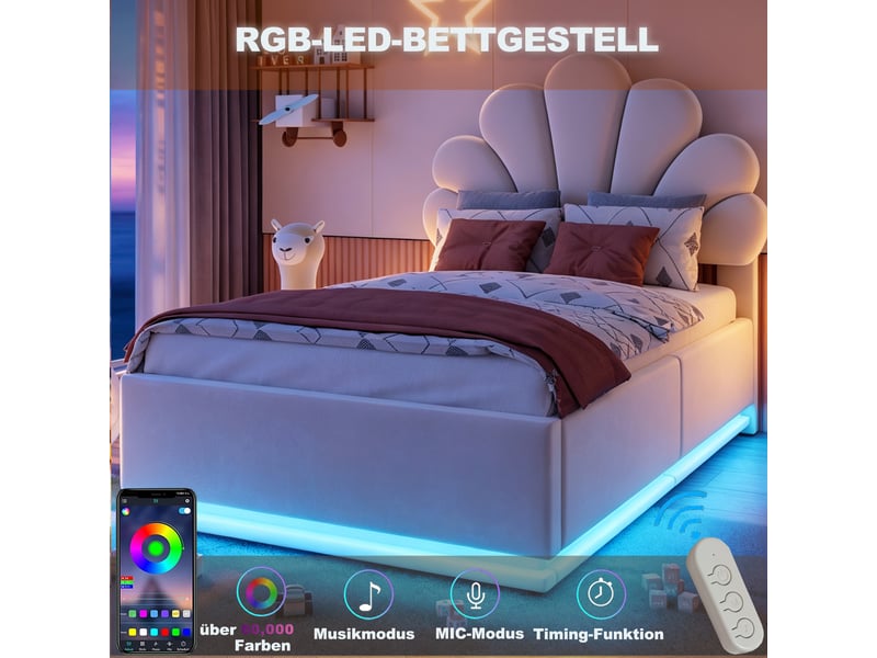 Lit coffre 90 × 200 cm 1 place avec led réglable et tête de lit fleurie, sans matelas, en velours beige  - Conforama E