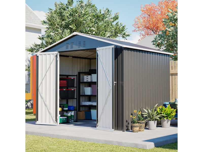 Abri de jardin en métal 240,4 x 192,3 x 191 cm, rangement extérieur avec double porte verrouillable, 4 aérations, base renforcée, noir Luxe haut de gamme - Conforama B