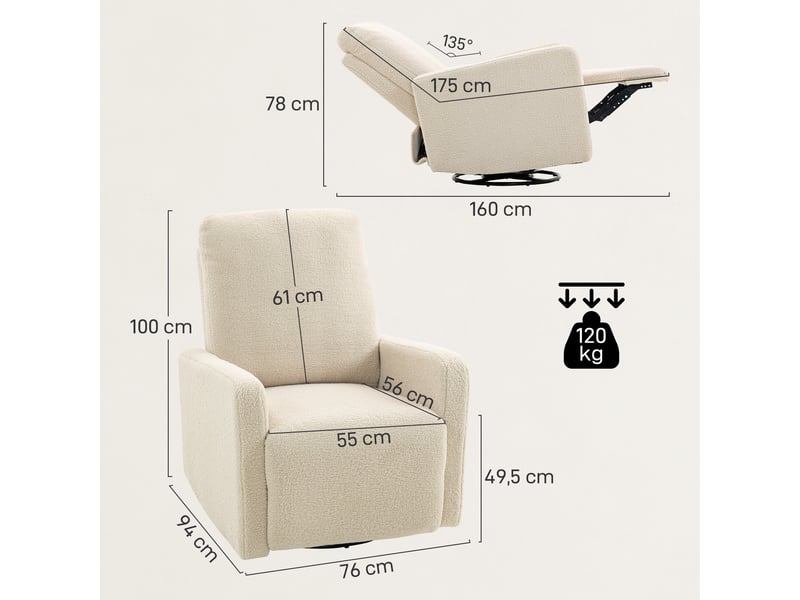  Fauteuil de relaxation, fauteuil pivotant, fauteuil inclinable, 94x76x100cm, beige  - Conforama E