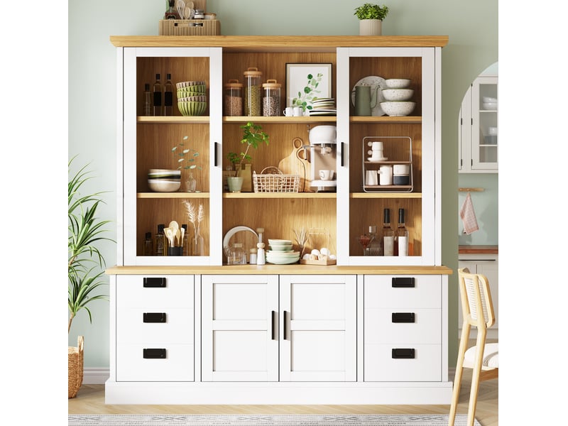  Buffet de cuisine haut avec étagères 4 portes 6 tiroirs portes vitrées anti-basculement pour cuisine 140 × 40 × 185 cm  - Conforama D