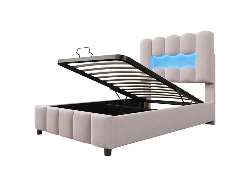  Lit simple rembourré 90x200 cm avec éclairage led, lit coffre avec tête de lit réglable, cadre de lit 1 personne en rose  - Conforama B