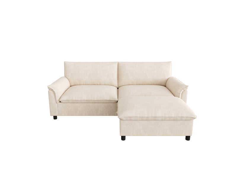 Canapé d'angle modulable 3 places en chenille beige avec pouf de rangement - Conforama A