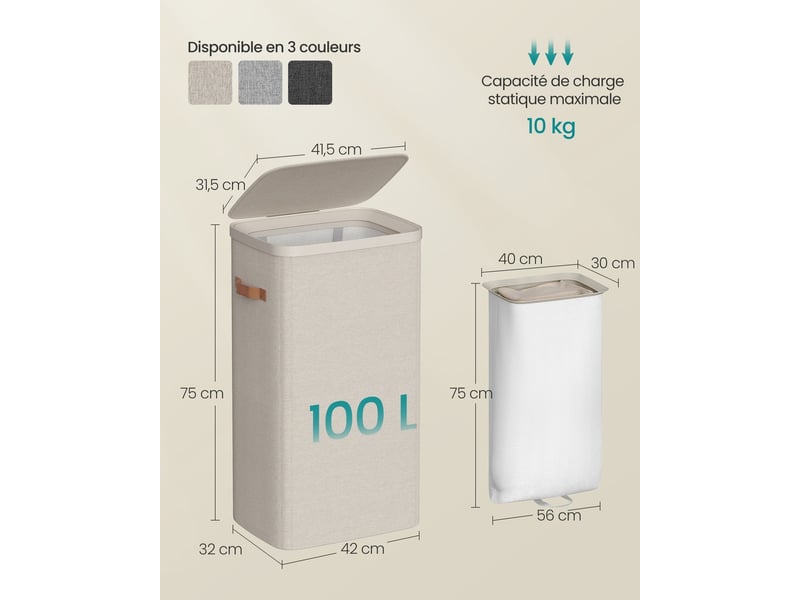  Panier à linge pratique 42 x 32 x 75 cm avec couvercle et poignées style moderne en tissu beige cappuccino 12_0012588  - Conforama B