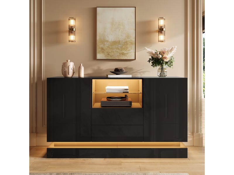 Buffet bas led 140x40x80 cm avec 2 portes et 2 tiroirs, meuble de rangement salon avec compartiment vitré et finition brillante - noir - Conforama B