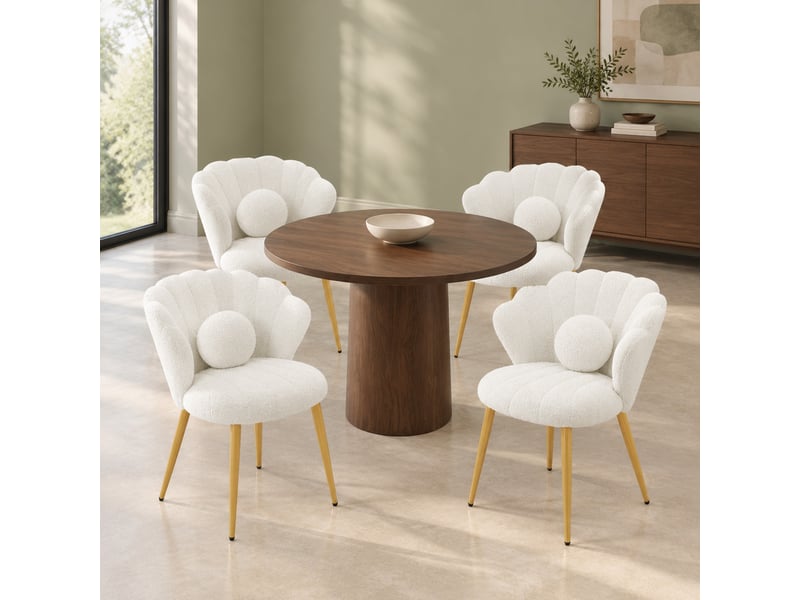 Lot de 4 chaises de salle à manger dossier coquillage en tissu teddy blanc, pieds dorés - Conforama D