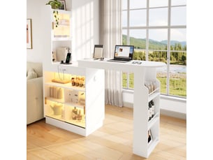 Table bar extensible 131-170 x 40 x 170 cm blanche en mdf, rangements, led, prises usb et usb-c