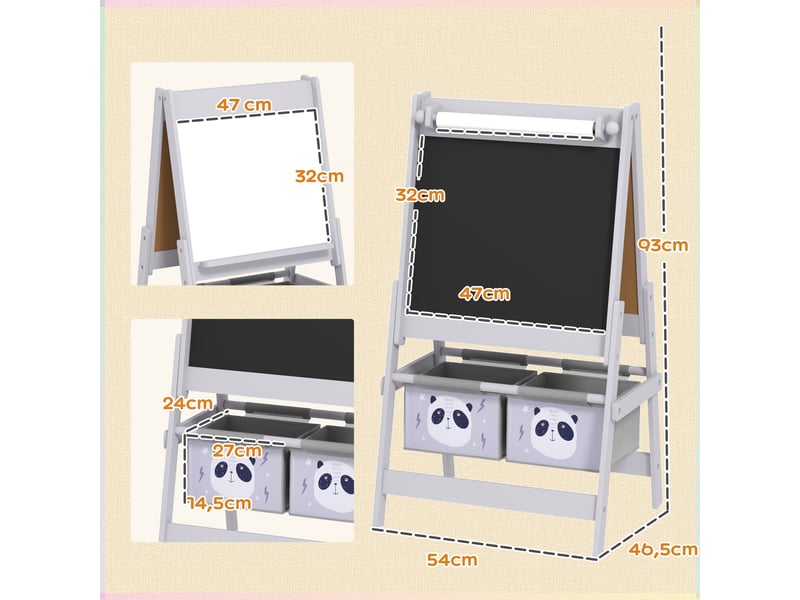  Tableau chevalet enfant ardoise double face tableau à craie rouleau papier 2 paniers 54 x 46,5 x 93 cm gris  - Conforama C