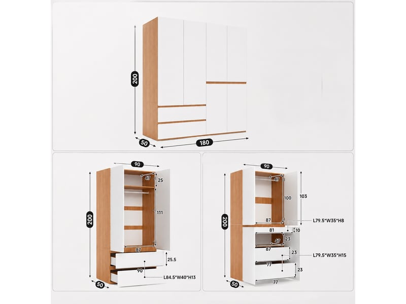  Armoire de chambre 180 x 50 x 200 cm, 6 portes 2 tringles et 5 tiroirs, pour chambre et entrée, style classique, blanc  - Conforama E
