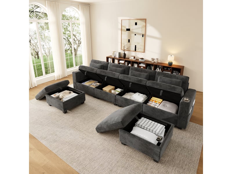  Canapé modulable 6 places en ul 278x148,5 cm avec fonction couchage, 6 coffres, dossier 3 positions, usbusb-c, chenille gaufrée gris Morn Vibe - Conforama B