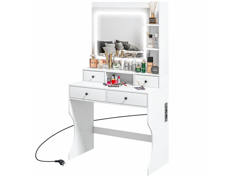 Coiffeuse blanche avec miroir led 3 teintes, 4 tiroirs, 4 étagères, 2 prises et 2 ports usb, 90 x 45 x 160 cm - Conforama A