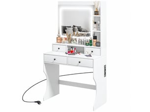 Coiffeuse blanche avec miroir led 3 teintes, 4 tiroirs, 4 étagères, 2 prises et 2 ports usb, 90 x 45 x 160 cm