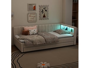 Lit banquette 90x200 cm beige en lin et mdf, avec lit gigogne, usb type c, led et rangements au chevet