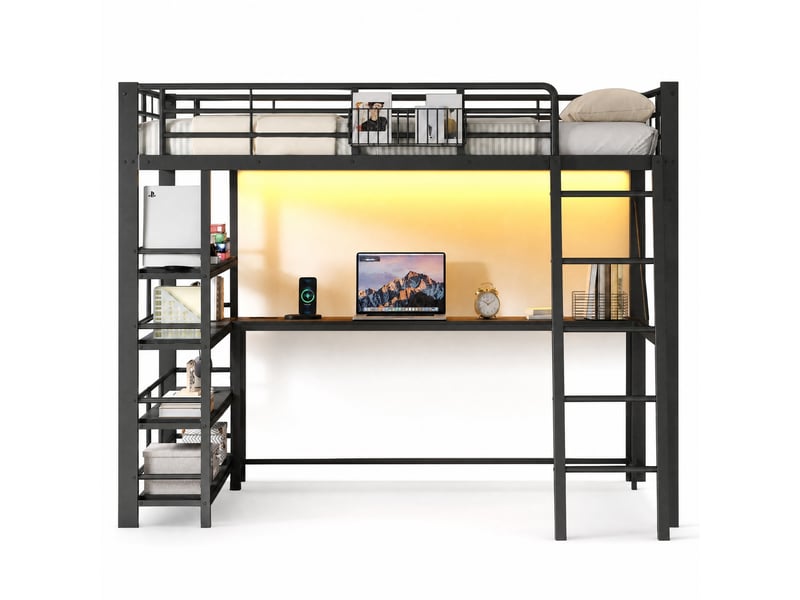  Lit mezzanine double 140×200 cm avec bureau, led et usb - okmyhome- étagères, sans matelas, métal noir  - Conforama A