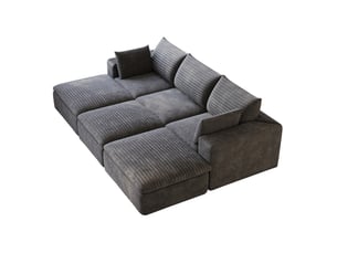 Canapé modulable 3 places avec 3 pouf  en tissu velours côtelé gris foncé,coussins déhoussables, sans montage