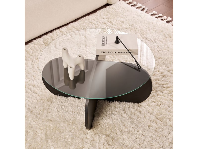  Table basse ronde en verre piètement couleur bois noir d75 cm  - Conforama D
