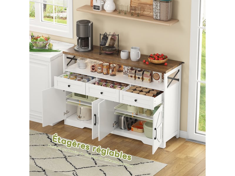 Buffet 140x35x95 cm avec rangement spacieux, 3 tiroirs et 2 portes, design rustique moderne, mdf, marron et blanc - Conforama D