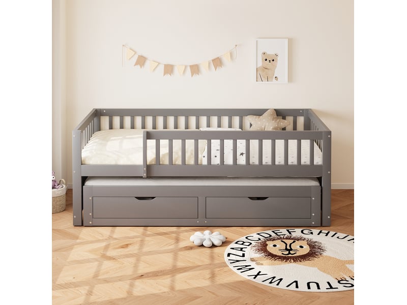  Couchage gigogne, 90x200 cm, avec barrières de sécurité, 2 tiroirs pratiques, matelas non inclus, bois, coloris gris  - Conforama D