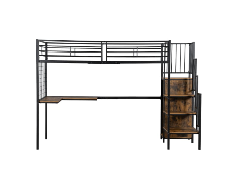  Lit mezzanine 90x200 cm, lit enfant avec table, armoire et échelle latérale, en métal, noir, sans matelas  - Conforama E