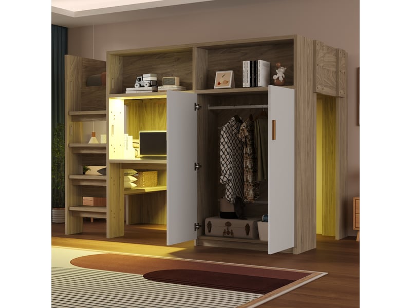  Lit mezzanine enfant 90x200 cm avec bureau, armoire et rangements, lit gain de place avec étagères et led, structure bois avec sommier inclus  - Conforama D