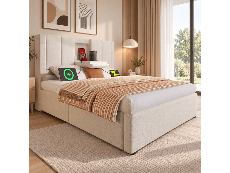 Lit coffre rembourré 90 x 200 cm, rangement hydraulique, porte-gobelet caché, station de recharge, sommier à lattes, revêtement en lin, beige Bliss Lite - Conforama B