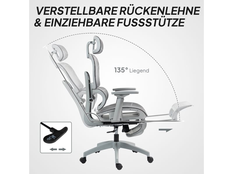  Chaise de bureau ergonomique avec repose-pieds, dossier inclinable et soutien lombaire, en polyester gris  - Conforama C
