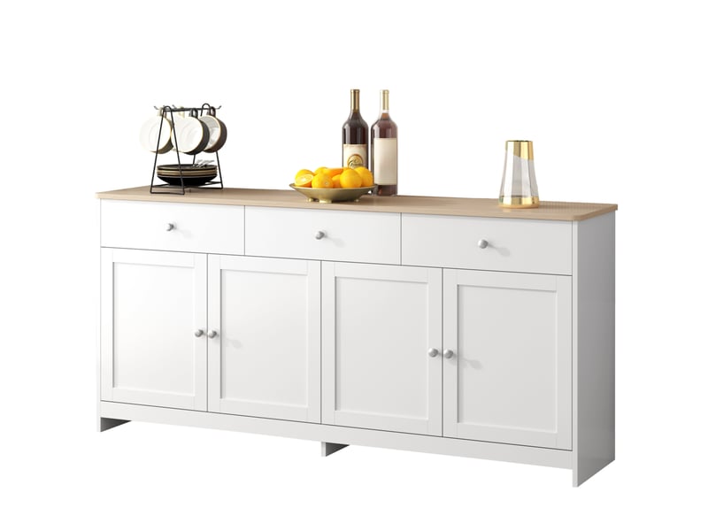 Buffet 160x37x75 cm, 3 tiroirs et 4 portes, rangement réglable, style campagne, pour cuisine, effet bois, mdf blanc - Conforama A