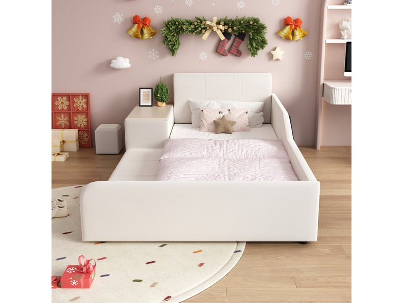  Lit enfant 90x200 cm, lit simple avec bureau intégré, tabouret et rangement, tête de lit en velours blanc, sans matelas  - Conforama B