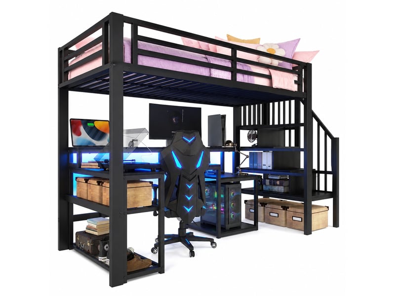 Lit mezzanine 200×90 cm avec bureau, rangements, éclairage led et ports usb, sans matelas, en métal et mdf noir - Conforama A