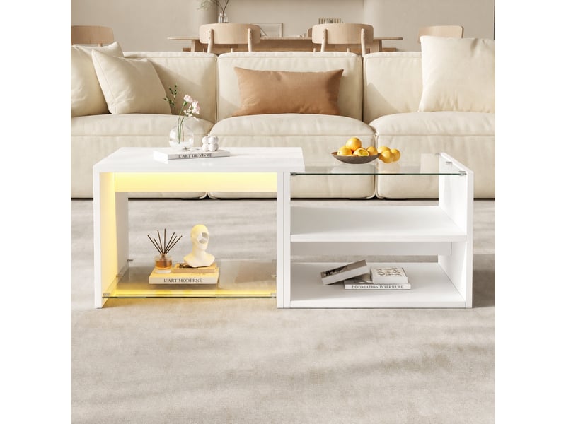  Table basse blanche à niveaux décalés avec plateau en verre et led réglable par application, 100 x 50 x 38 cm  - Conforama B