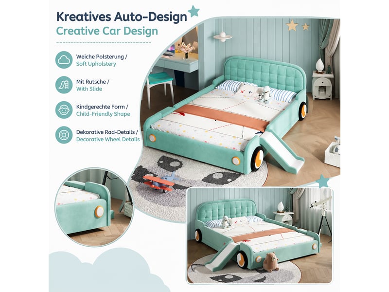  Lit voiture enfant bleu et vert 140 × 200 cm en velours, design voiture, structure basse, structure rembourrée  - Conforama E