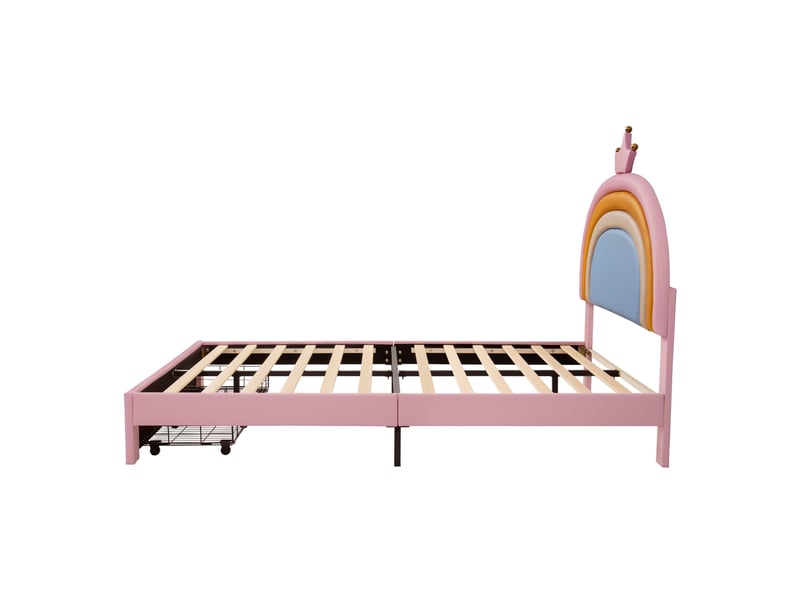  Lit enfant 140x200 cm, lit 2 places avec tiroir, tête de lit arc-en-ciel réglable polyuréthane couleur rose sans matelas  - Conforama E