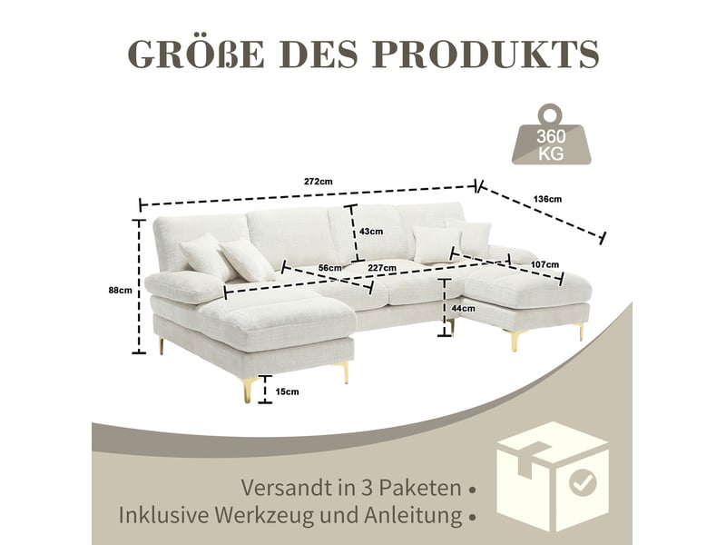 Canapé panoramique modenvie 4 places en u 272 x 136 cm chenille beige pieds en métal - Conforama C