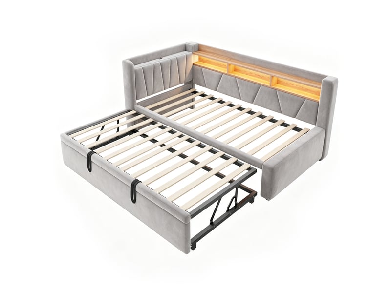  Lit banquette extensible 90 à 180 × 200 cm en velours gris, usb et led IKSETERA TRADING LTD - Conforama R
