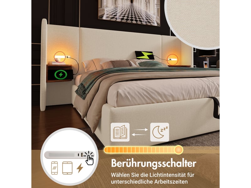 Cadre de lit, lit double 160x200 cm, rangement intégré, chevets intégrés, usbusb-c, lampe de lecture, lin beige, matelas inclus - Conforama E