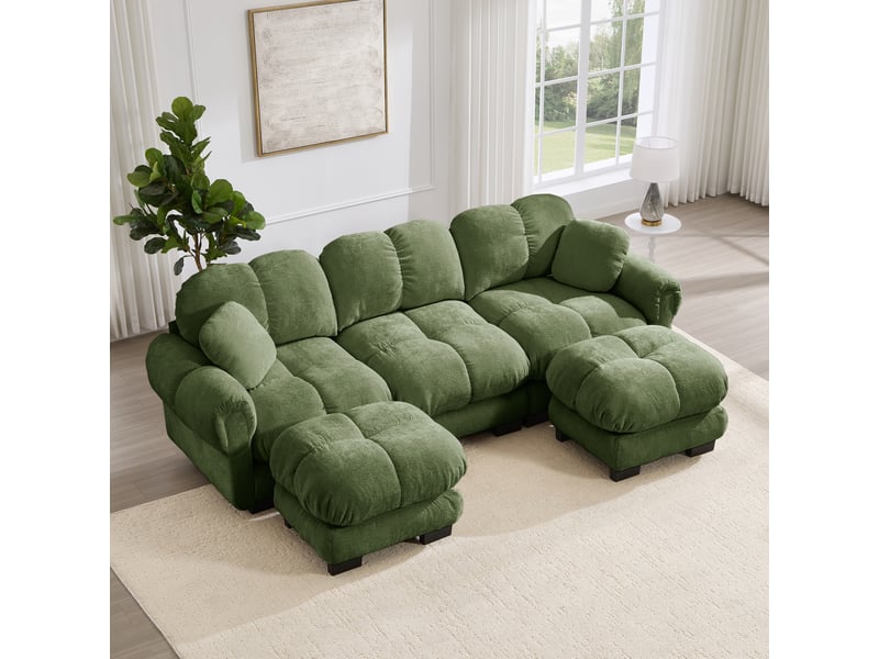 Canapé modulable 260x149x90cm, 2 coussins, ottomane déplaçable, canapé familial confort, bureau, canapé salon, chenille, vert - Conforama B