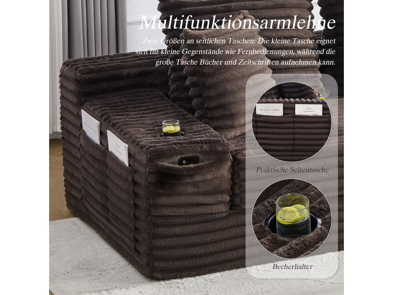  Canapé modulable convertible en lit avec rangement intégré et tiroirs, revêtement en velours côtelé couleur café, haute capacité de charge 260 kg  - Conforama R
