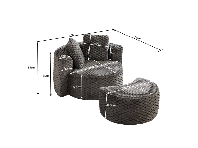  Fauteuil rond avec pouf, 1 place, tissu gris foncé, mousse, 130 x 115 x 103 cm  - Conforama E